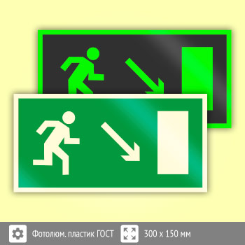 Знак E07 «Направление к эвакуационному выходу направо вниз» (фотолюминесцентный пластик ГОСТ 34428-2018, 300х150 мм)